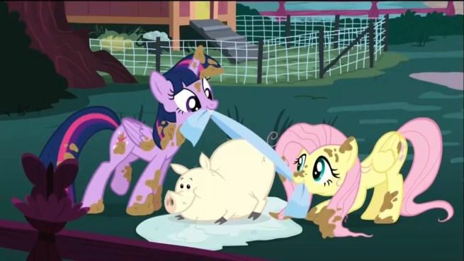 “Seriously Mr. Pig!  You need to quit playing in Applejack’s manure stockpiles!”