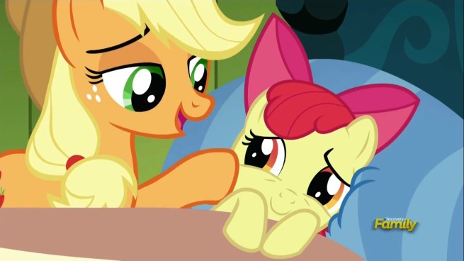“Once you get your Apple themed Cutie Mark, you’ll feel much better!”     “But I might NOT get an Apple Cutie Mark, right?”     “Sure Apple Bloom.  Whatever you say!”