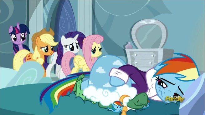 “We’re all here for you Rainbow Dash!”     “How?  Don’t I live in a giant cloud?”     “Magic, now shut up!”