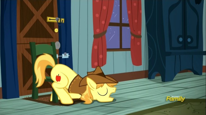 *SNORE* “Oh thank you Applejack.  I really AM a great babysitter.”  *SNORE*