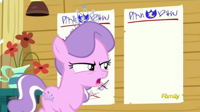 “What the hell is this?  Is that supposed to say Cutie Mark Crusaders at the top?  You can’t even write, can you?”